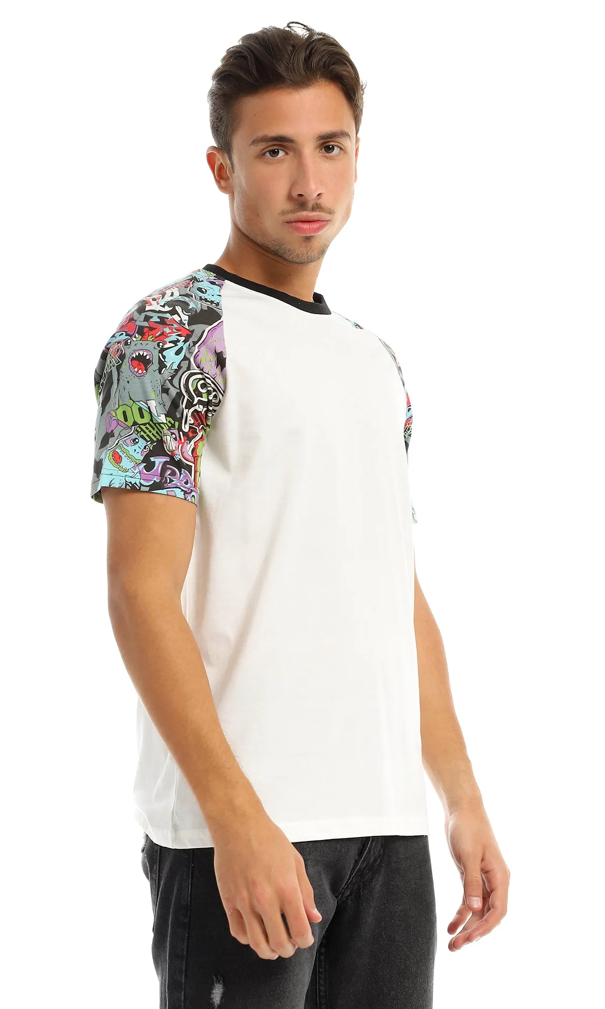 97638 Patterned Sleeves Round Off White T-Shirt