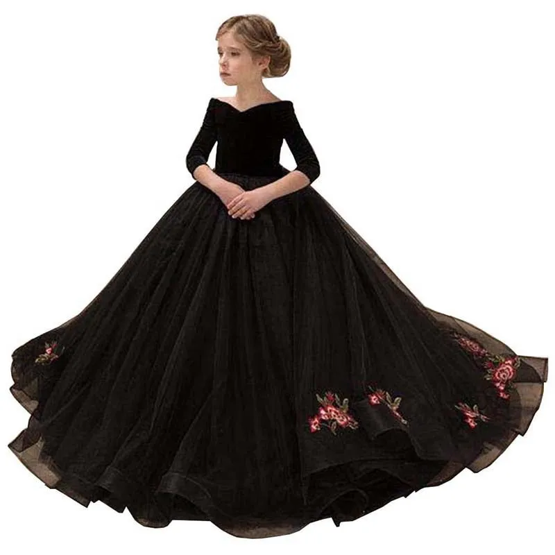 Kids Girls Elegant Long Black Embroidery Prom Dresses