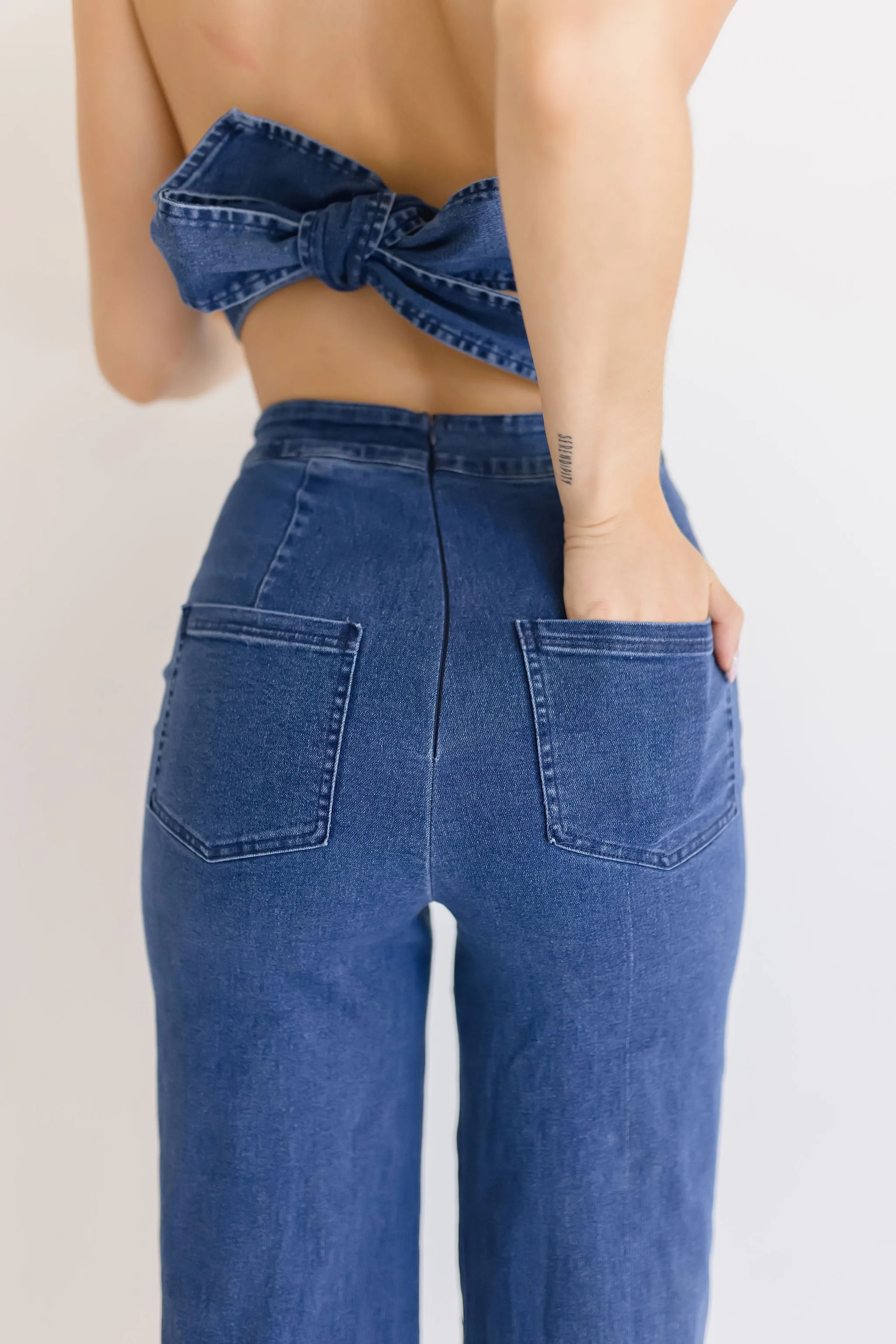 Valencia Sleeveless Back Tie Wide Leg Denim Jumpsuit Dark Wash